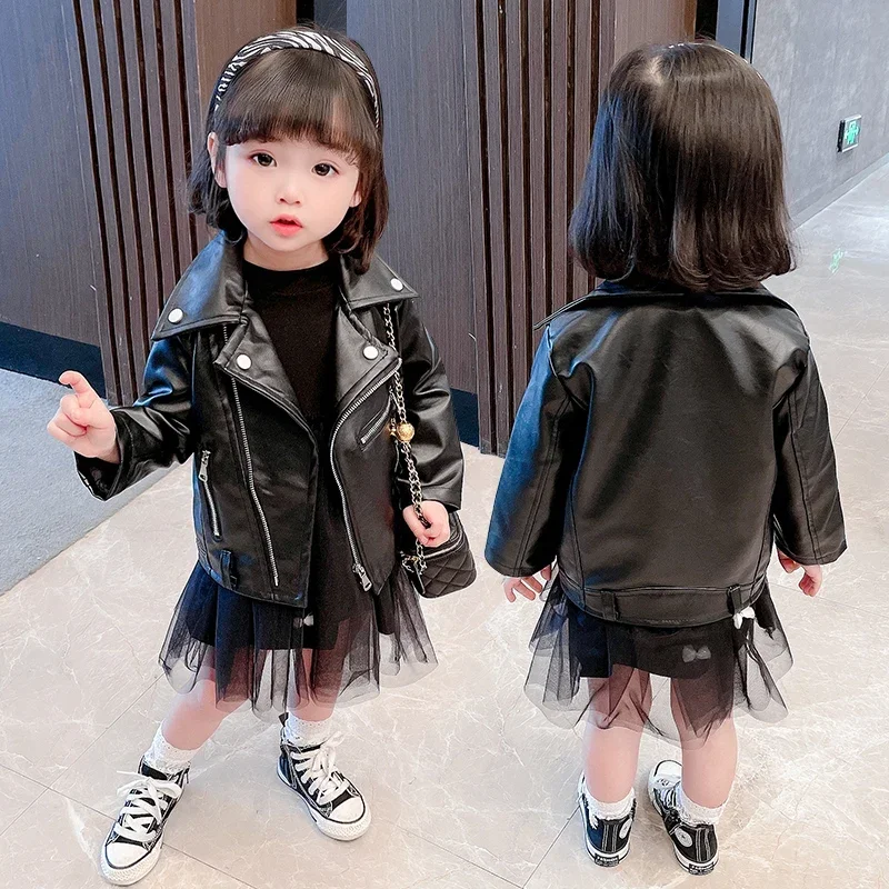 1-6 Years Old Girls Faux Leather Jacket Children PU Coat Long Sleeve Zipper Locomotive Baby Jacket XMP649