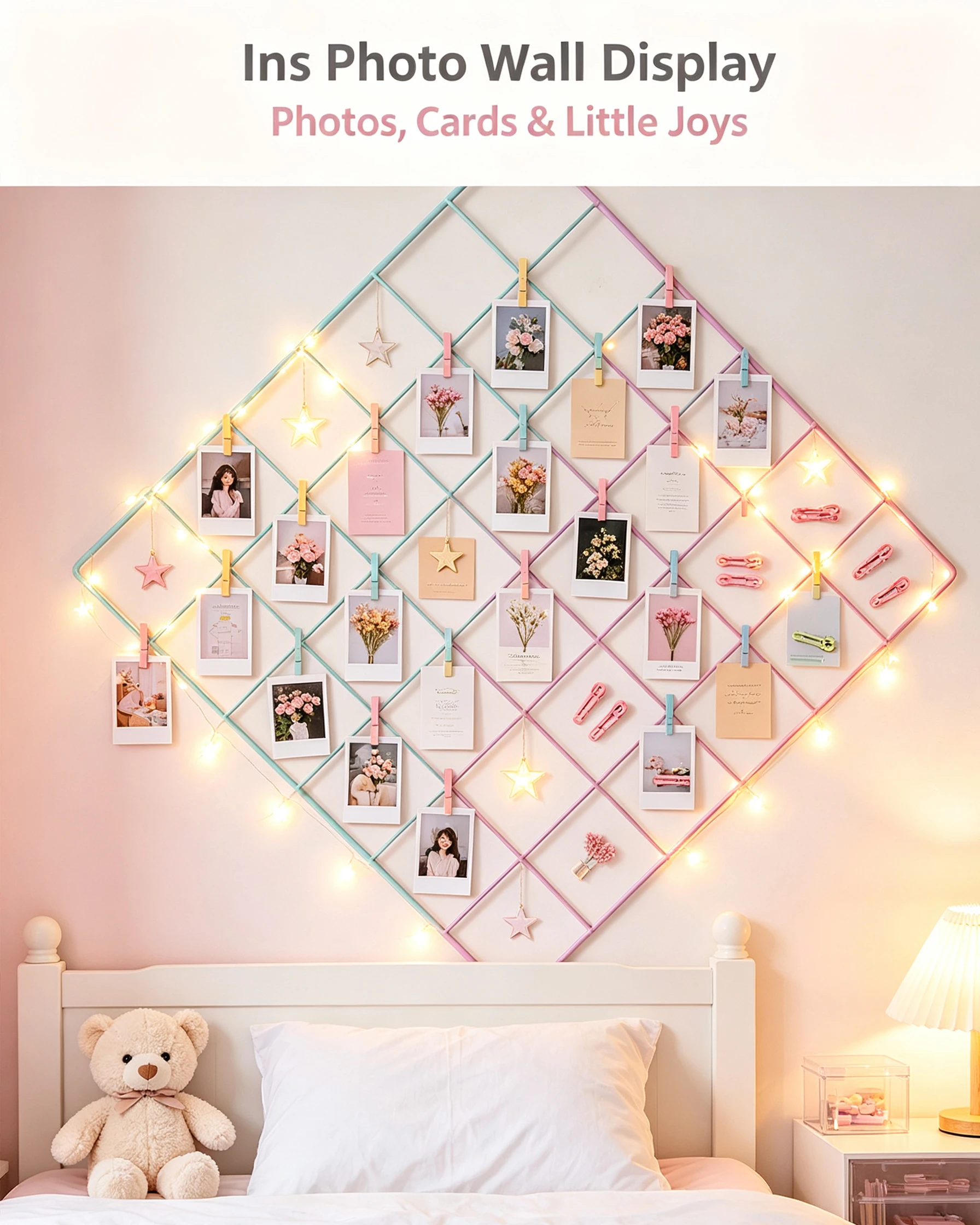 Pastel Color 30CM Square Wire Grid Wall Organizer, Metal Mesh Grid Panel for Photo Hanging & Home Wall Decoration