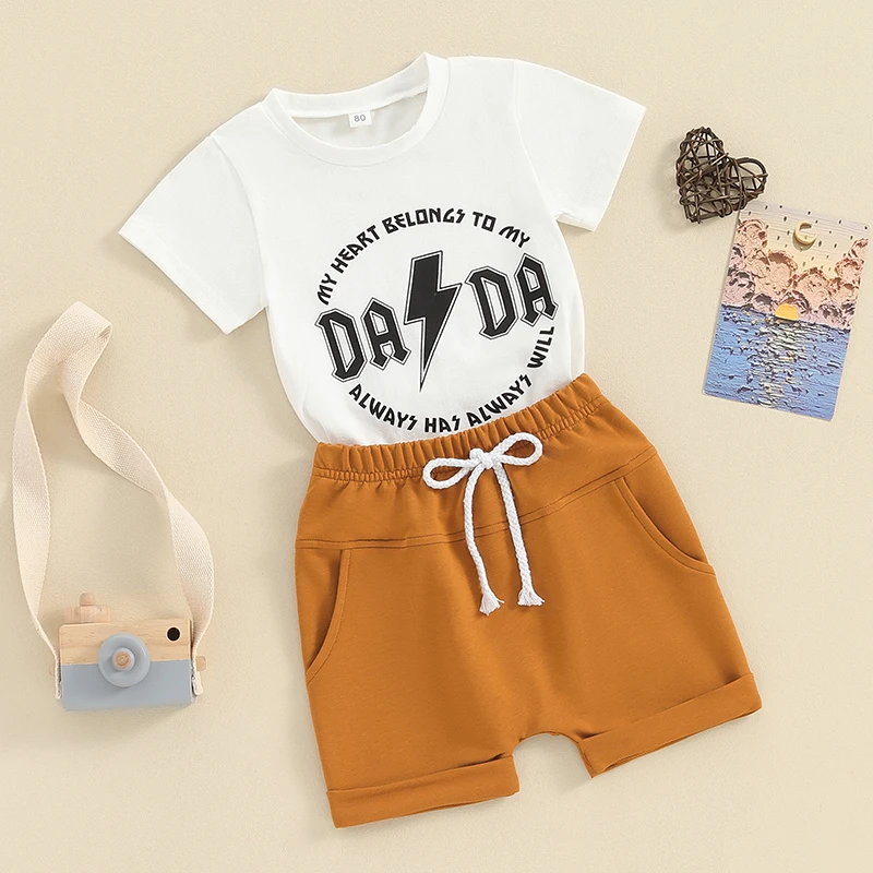 

Toddler Baby Boy Summer Clothes Cute Letter Print Short Sleeve T Shirt Tops and Stretch Shorts Playwear Outfits