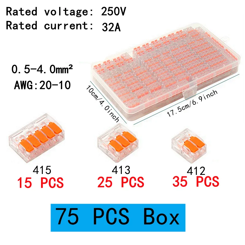 10-75 stuks oranje universele type snelle plug-in terminals, connectoren voor elektrische apparatuur, draadconnectorterminals, 250V / 32A