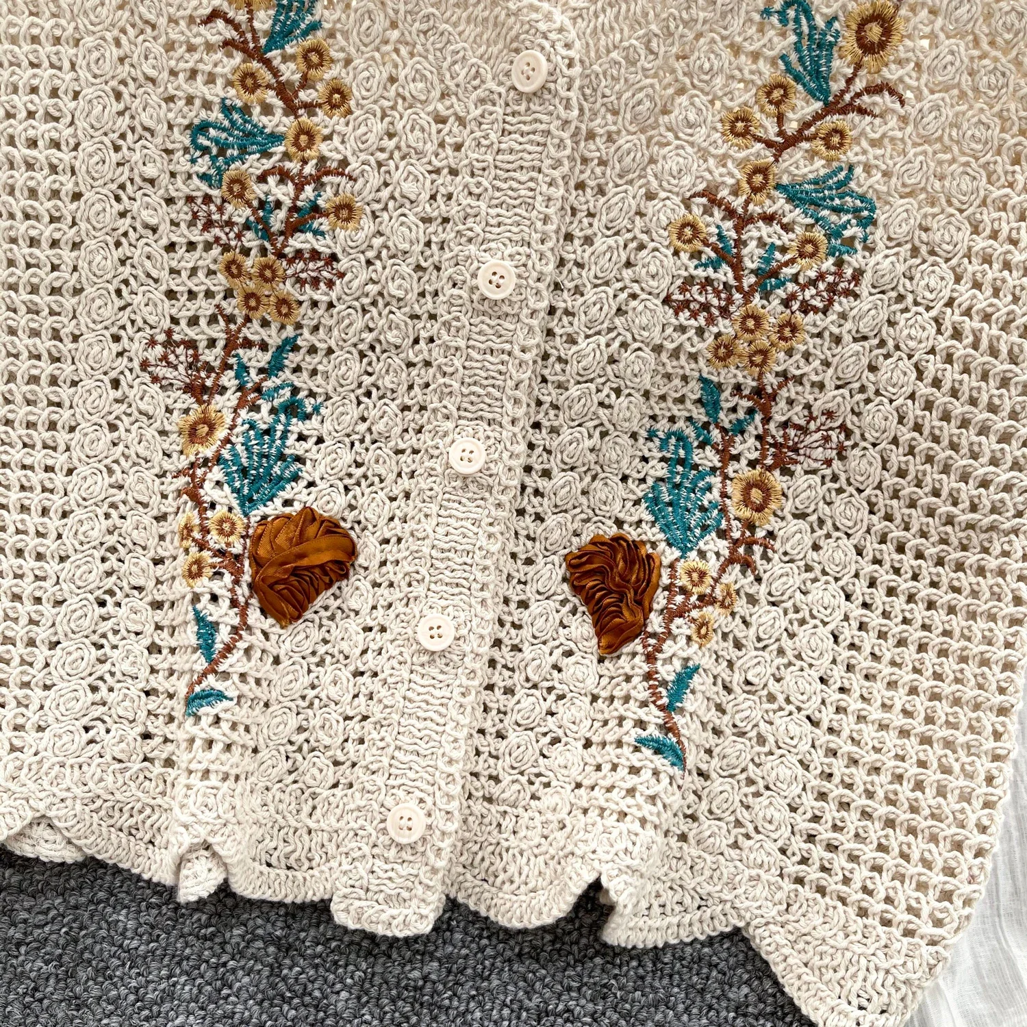 Vintage Embroidered Chic Hook Flower Hollow Out Sweet Spliced Casual Basics Top Bohemian Women Streetwear Autumn Knit Blouse