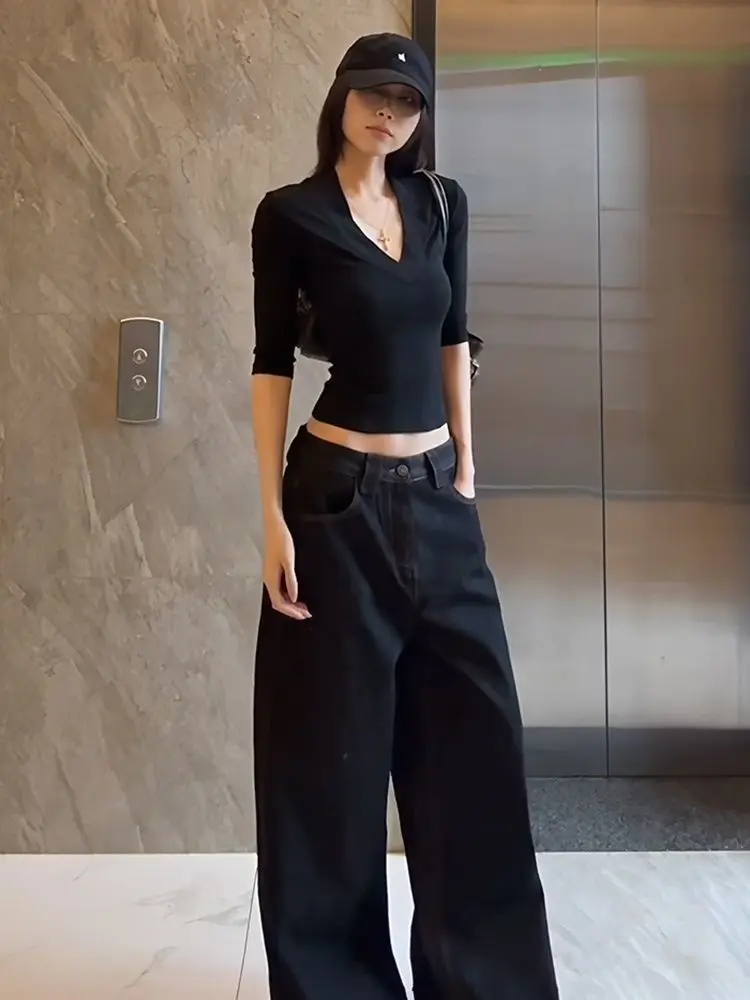 Women's Y2K Black V-Neck Drop Shoulder Short Sleeve Crop T-Shirt Summer Slim Fit Unique Casual Tee Tops Pro Choice Women Clothes