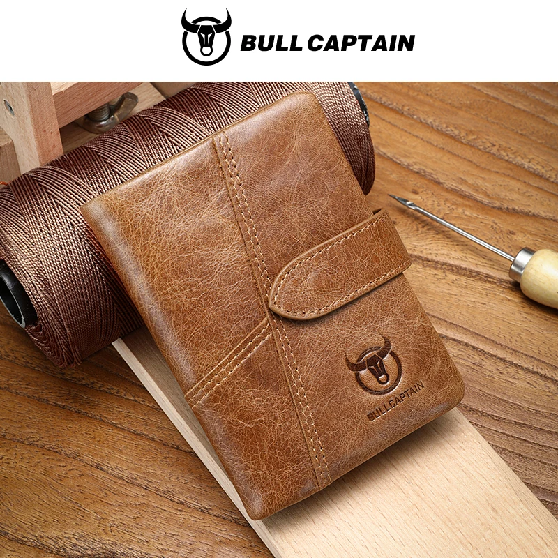 BULLCAPTAIN Men's Genuine Leather Wallet Retro Casual Snap Tri-fold Cash Clip RFID Anti-Theft Card Holder Detachable Coin Holder