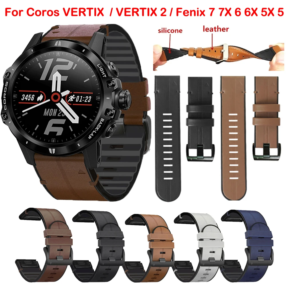 22 26mm Leather+Silicone Watch Band Straps For COROS VERTIX 2 Smartwatch Easyfit Wristbands Bracelet For Garmin Fenix 6 6X 7 5X