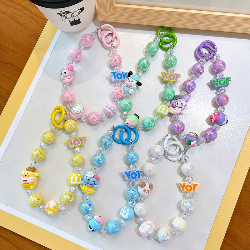 Sanrio Phone Anti-lost Lanyard Key Short Wrist Pendant Cinnamoroll Kuromi Bead Pendant Women's Hand-held Chain Phone Lanyard