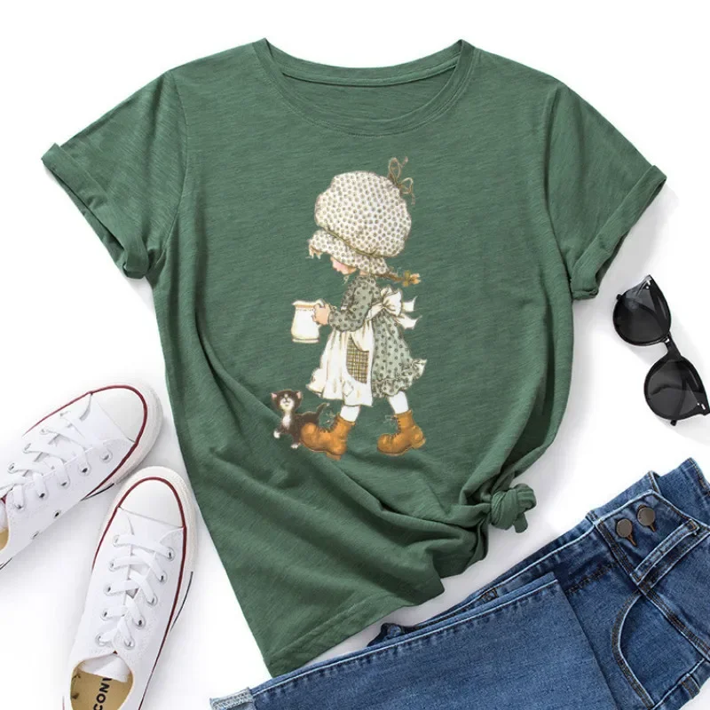 2024 Women Short Sleeve T-shirt Cartoon Printed Graphic T Shirts Summer Tops Female Tee Shirt 100% Cotton Woman Tshirts