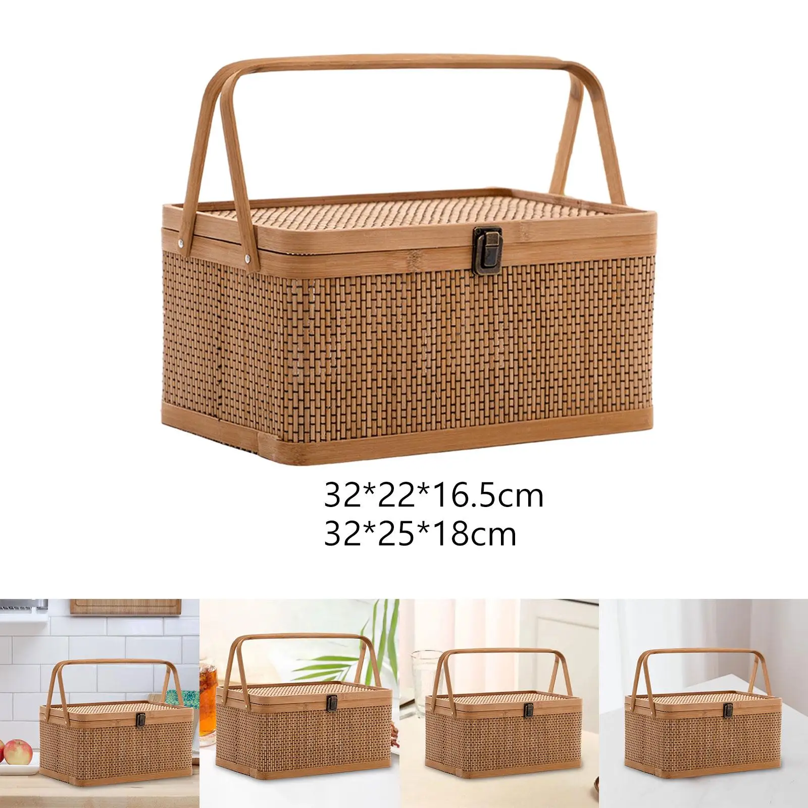 Bamboo Basket Picnic Basket Decoration Handmade Lockable Lid Gift Basket Bamboo Woven Basket Food Storage Basket for Mooncake