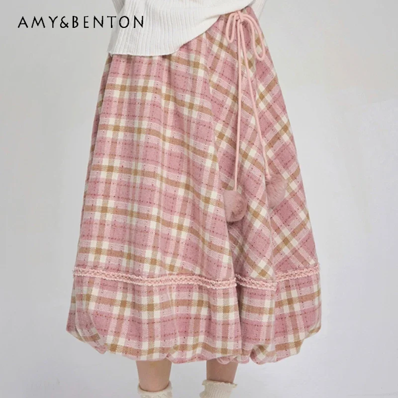 

2024 New Autumn Sweet College Style Pink Plaid Medium and Long High Waist A Line Woolen Skirt For Girls