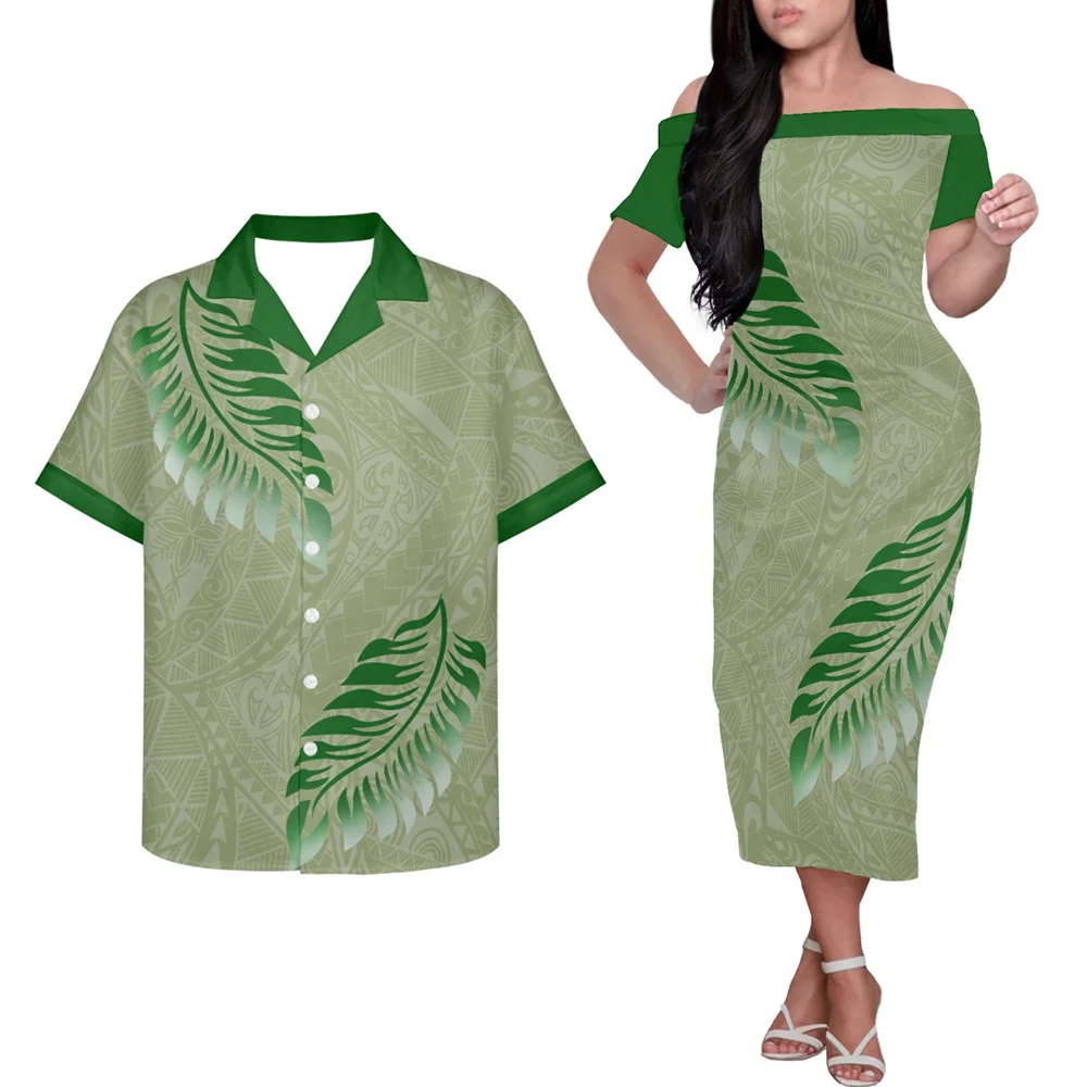 Elegant Bodycon Off Shoulder Evening Party Dresses With Aloha Shirt Women Clothing Polynesian Samoa Tribal Couple Dress 2023