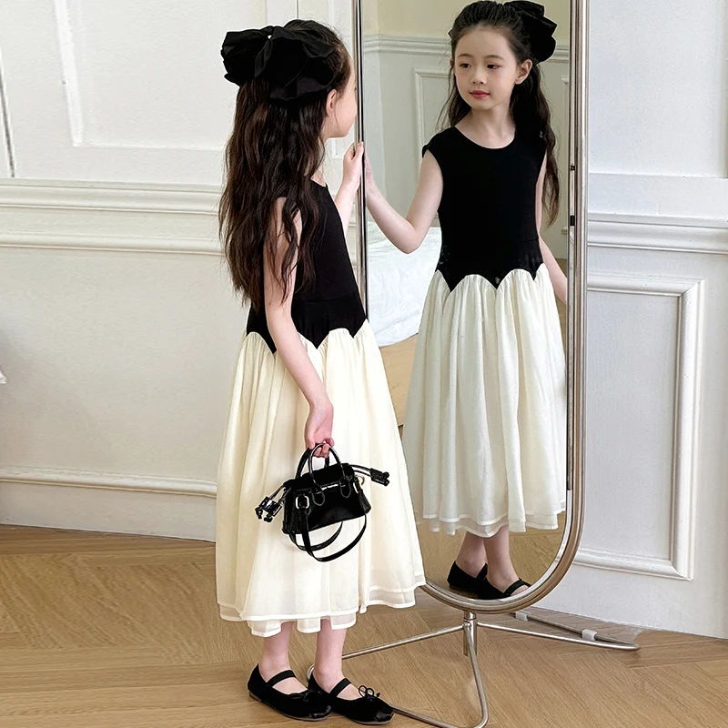 

Girls Elegant Black White Sleeveless Maxi Dress Kids Chiffon A-Line Party Dress Summer Casual Birthday Party Dresses Little Girl