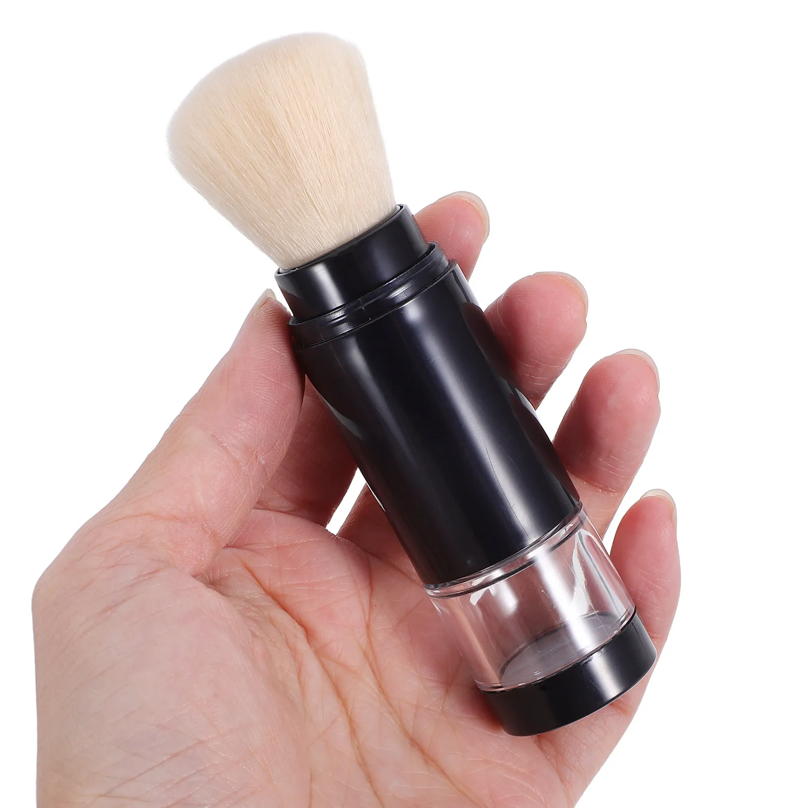 

Portable Makeup Brush with Integrated Dispenser for Loose Powder Foundation Blush Retractable Travel-Friendly Design Even Spray