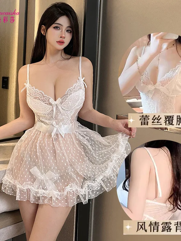 Mini Mesh Lace Sheer Dress Tank Tops Lingerie Sexy Lace Transparent Camisole Dress Elegant Hot Sexy Korean Women Tops EQD9