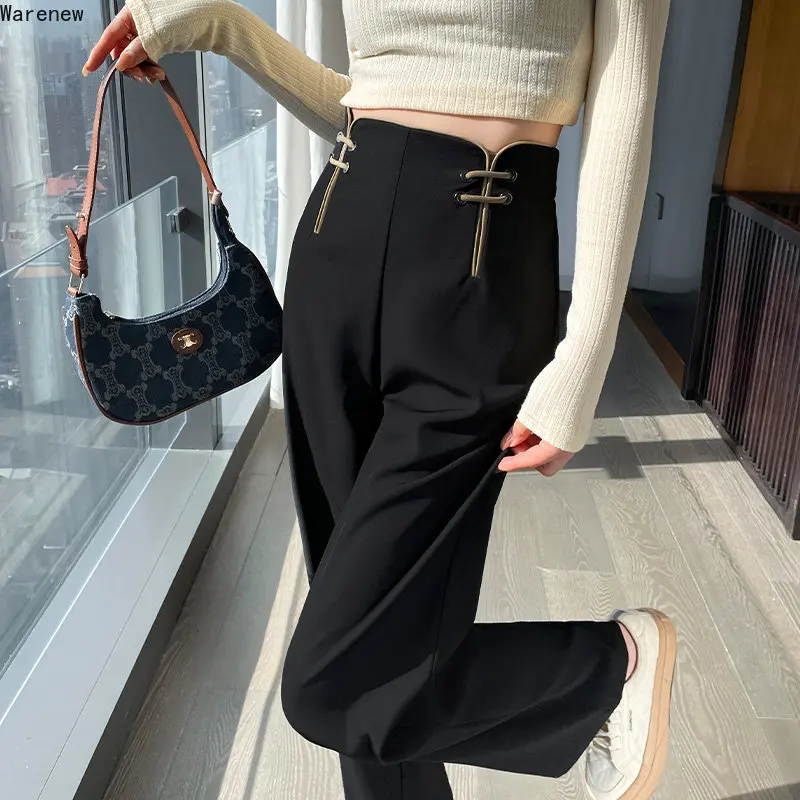 2023 Autumn Vintage Chinese Style Solid High Waist Wide Leg Pants Spring Women\'s Casaul Loose Black Soft Full Length Trousers