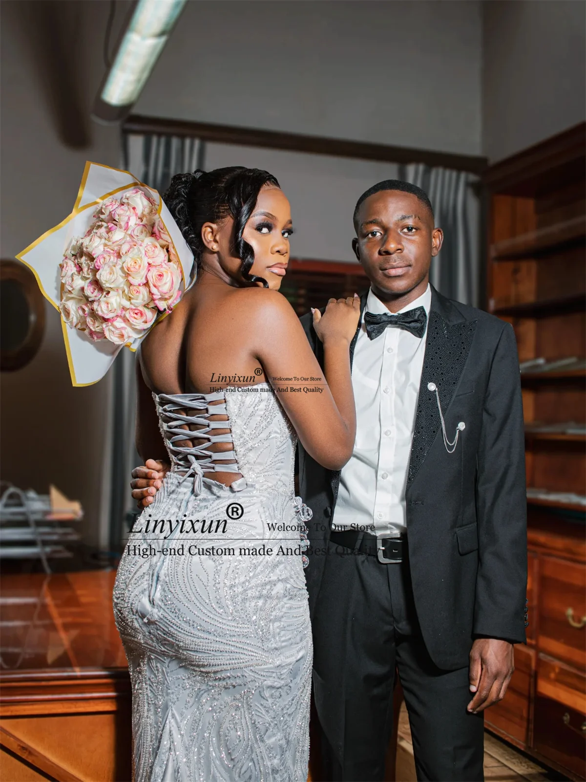 ドバイアフリカ人魚プロムドレス黒人少女のためのグリッタースパンコールクリスタルローブデソワレカスタマイズされたレースアップイブニングパーティードレス