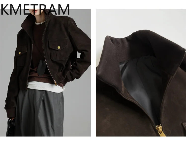 Kurtka ze skóry owczej KMETRAM 100% naturalna, prawdziwa skóra zamszowa, brązowa krótka kurtka, jesień, poduszki na ramiona, odzież damska 2025, пальто