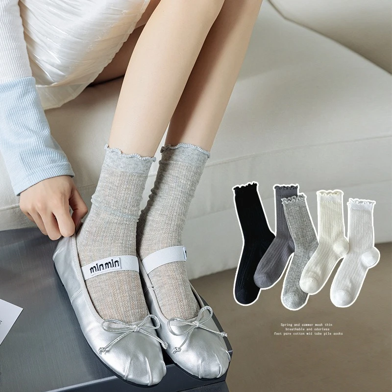 

Spring Summer Women's Lace Mid-tube Socks Thin Breathable Mesh Lolita Women's Socks Solid Color Lace Casual Socks