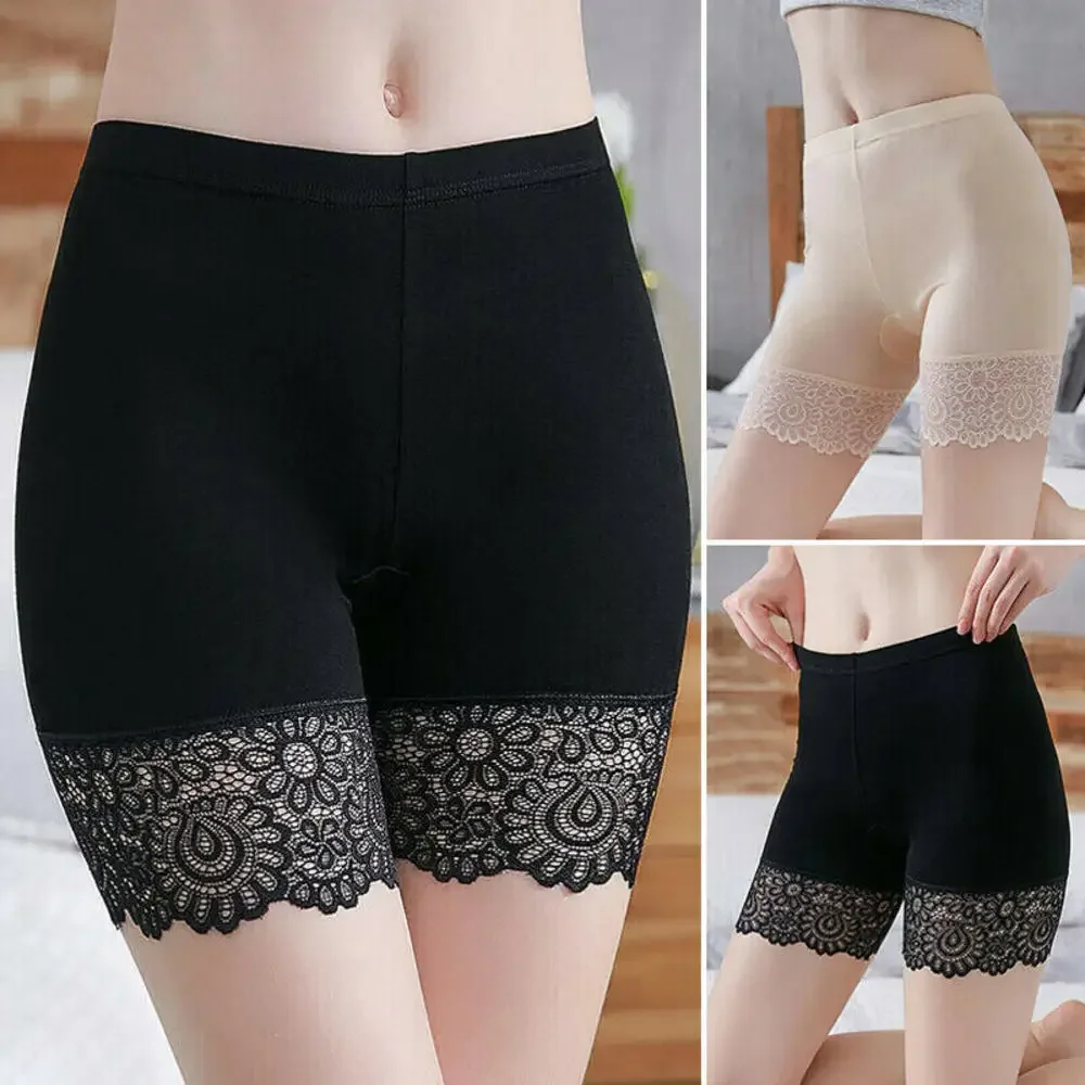 Women Elastic Safety Underwear Sexy Lace Panties Anti Chafing Under Shorts Pants Mid Waist Seamless Soft Cotton Panties For Lady