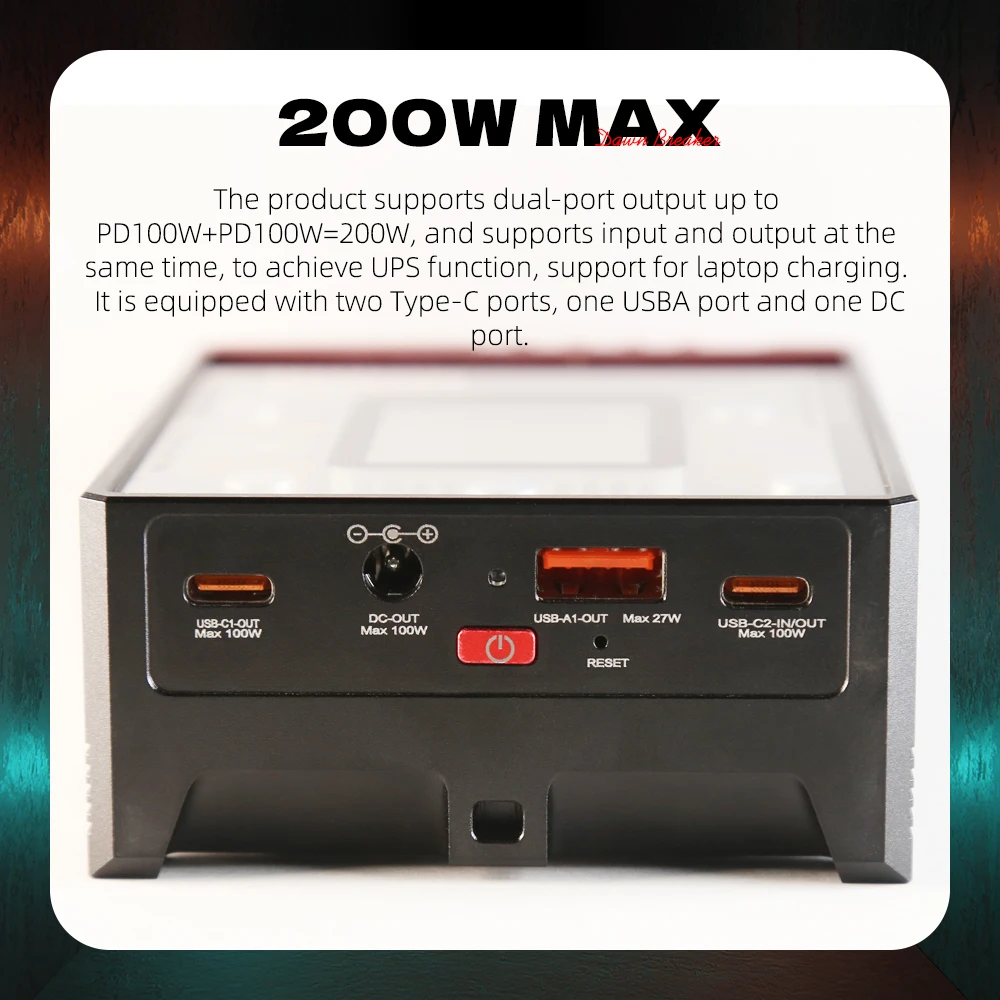 Banco de potência DC ajustável, sem solda, CNC, LED, RGB, laptop, telefone, UPS, PD, UFCS, 200W, 2 "IPS Color Screen, 20000mAh, 21700