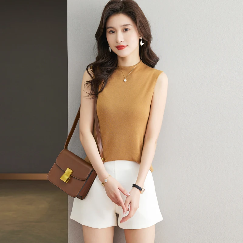 

Cashmere Wool Tee Tops for Women 2023 Spring Solid Sleeveless Knit T-shirt Ladies Elastic Slim Superfine Wool Knitwear