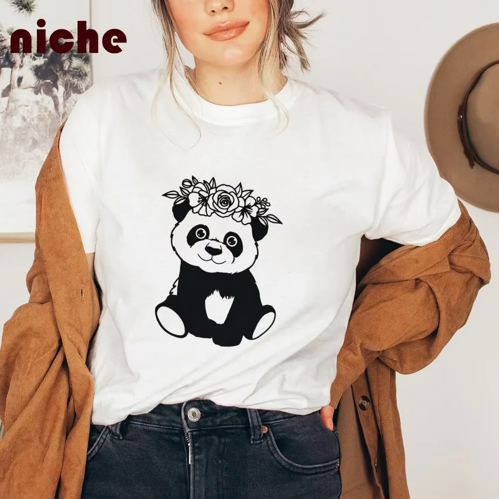 

Cute Panda Graphic Print Women's T-Shirt Pure Cotton Round Neck High Quality Front Shoulder Soft Fashion Trend New Short Sleeves