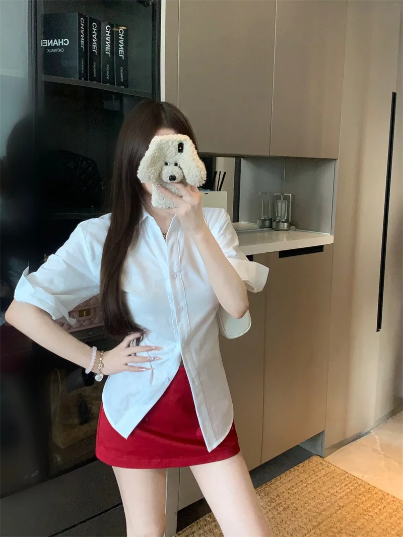 

Elegant White Short Sleeve Women's Shirt Summer 2026 New Waist-Cinching Slimming Versatile Neck Linen Top French Style