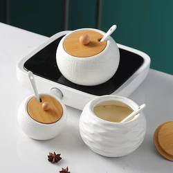 Kitchen Supplies Household Salt Shaker Sugar Pot with Spoon White Ceramic Seasoning Jar Oiler Seasoning Box Cooking Storage Tool