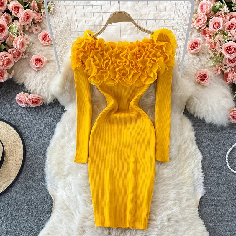 Chic Slash Neck Off Shouler Bodycon Knit Dress Long Sleeve Women Elegant Korean Fashion Vestidos Summer Hip Wrap Dress