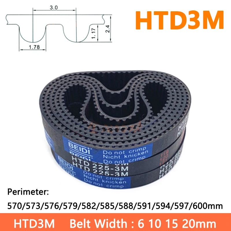 Arc HTD3M Timing Belt Width 6 10 15 20mm Perimeter 570/573/576/579/582/585/588/591/594/597/600mm Rubber Closed Loop Drive Belts