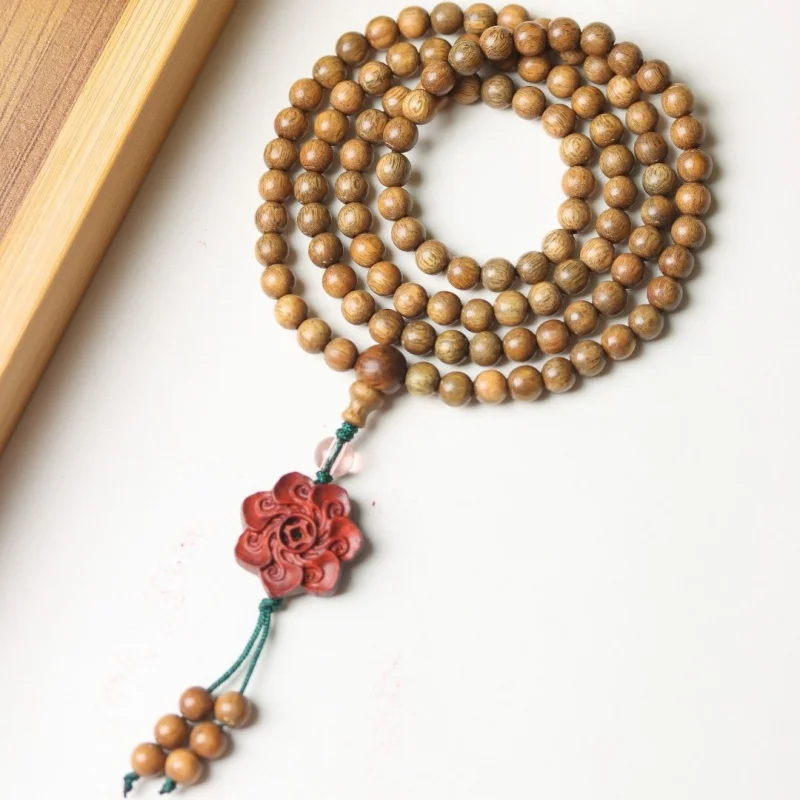 

Green and Golden Sandalwood 108- Wishing Flower Buddhist Bead Bracelet Wooden Car Prayer Beads 108-Piece Long St