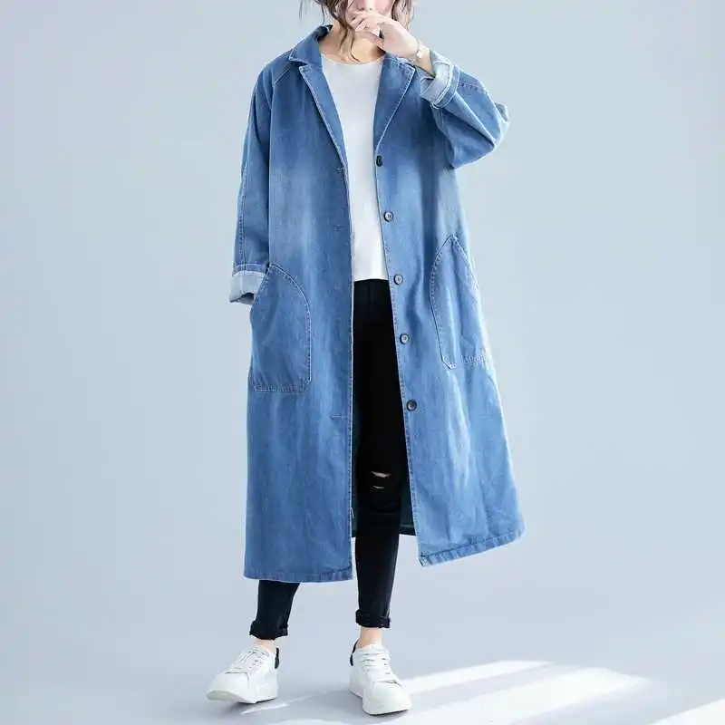 Giacca di jeans con tasca grande stile coreano 2025 Primavera Autunno Abbigliamento da ufficio Trench di media lunghezza a maniche lunghe aderente e aderente