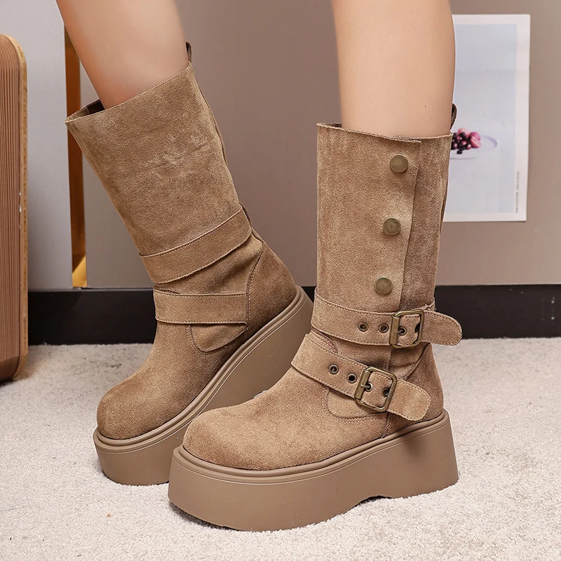 منتصف العجل النساء الأحذية أحذية منصة مسطحة تشيلسي الأحذية 2025 الشتاء مشبك أحذية مشي غير رسمية الجلد المدبوغ الثلوج بوتاس موهير Zapatos