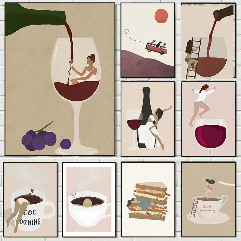 Funny Abstract Red Wine Coffee Sandwich Girl Wall Art Poster Canvas Paintings and Print Minimalist Kitchen Home Decor Frameless