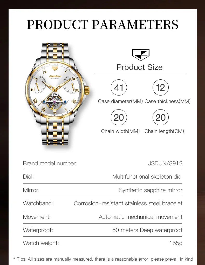 JSDUN Casual Fashion Watches for Men Waterproof Calendar Automatic Mechanical Wrist Watch Men High Quality Original Mens Watch