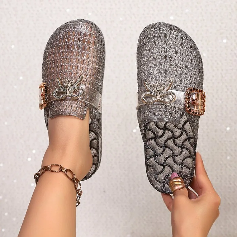 Women's Flats Round Toe Flat Heel Translucent Glitter Cage Upper Metallic Bow Ornament Slip on Casual Summer Daily Footwear