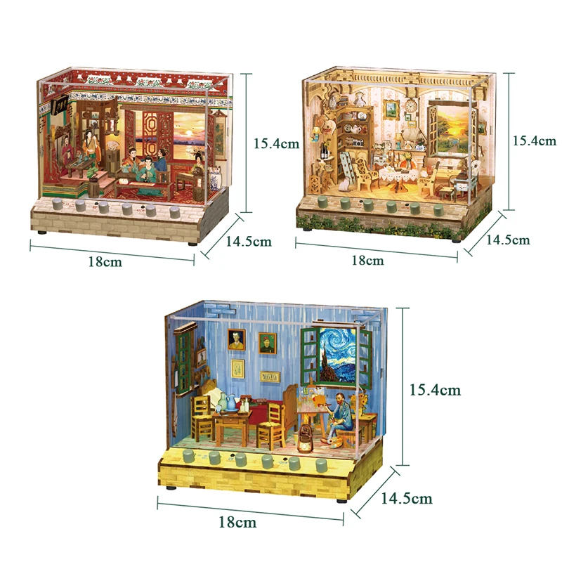 DIY Wooden Doll Houses Van Gogh\'s Bedroom Casa Miniature Building Kits with Furniture USB Power Dollhouse for Adults Gifts