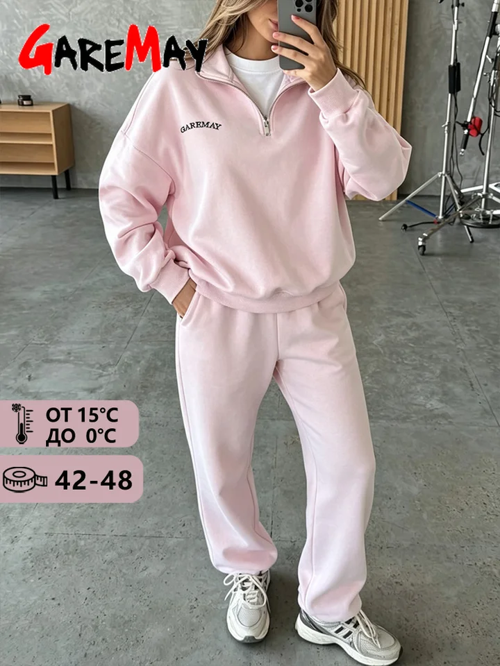 Spring Women's Tracksuit with Zipper Cotton Oversize Classic Pink  Two Piece Set Women Casual  Yellow Trouser Suits for Women, image 3
