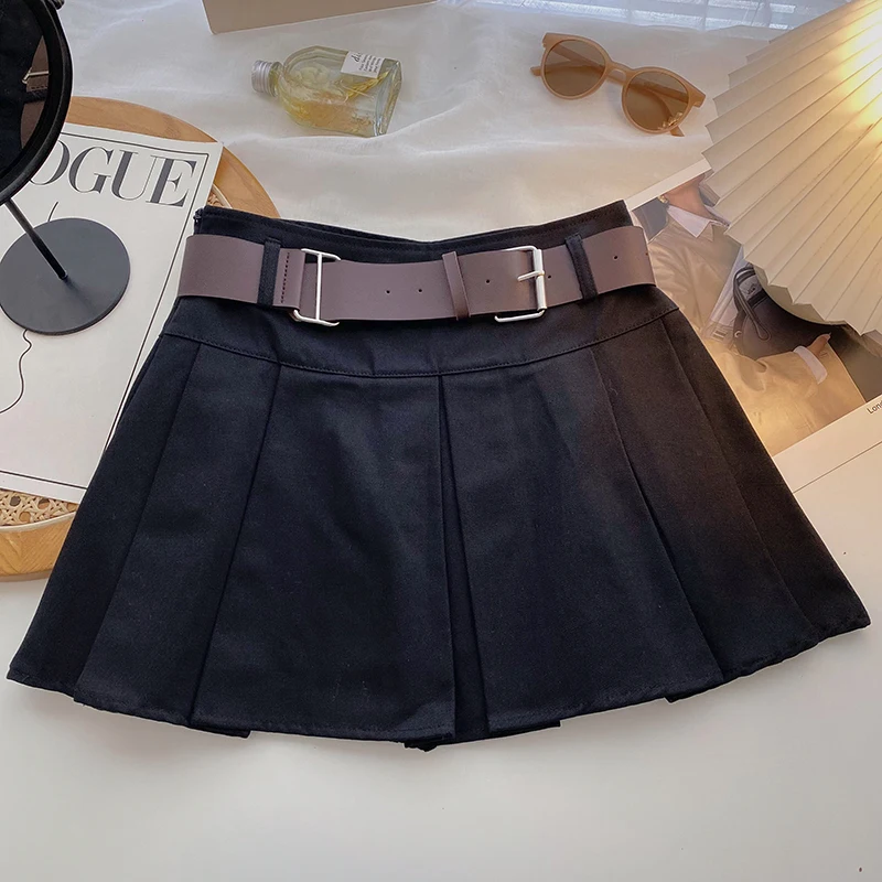 2023 A-line Skirts with Belt Women High Waist Short Skirt Buttons Skirt Female Clothing Female All-match