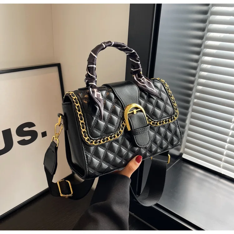 

2025 Women's Fashion Small Square Bag - Textured Embroidery, Chain Detail, Crossbody/Shoulder Mini with Handheld Option