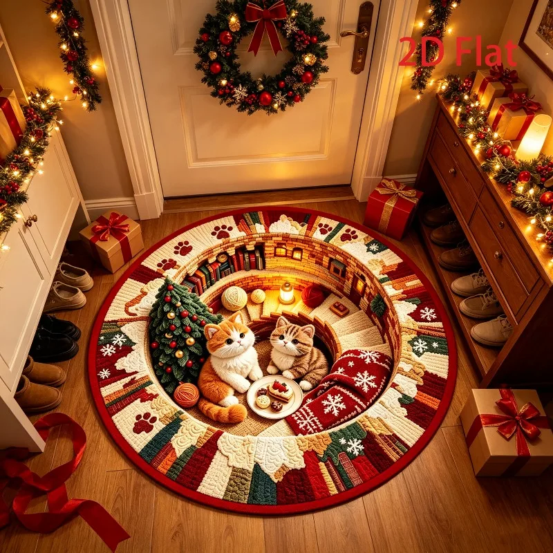 Christmas Cat House Optical Illusion Round Rug Cave House Festival Decor Plush Floor Mat Soft Fluffy Mat for Living Room Bedroom