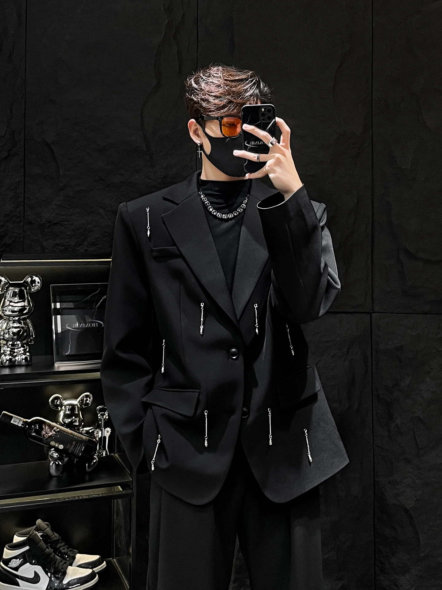 

Bla Loose Fit Men's Suit Jaet with Chain Decoration Trendy Design Casual Faion Spring Autumn Wear Long Sve Button up