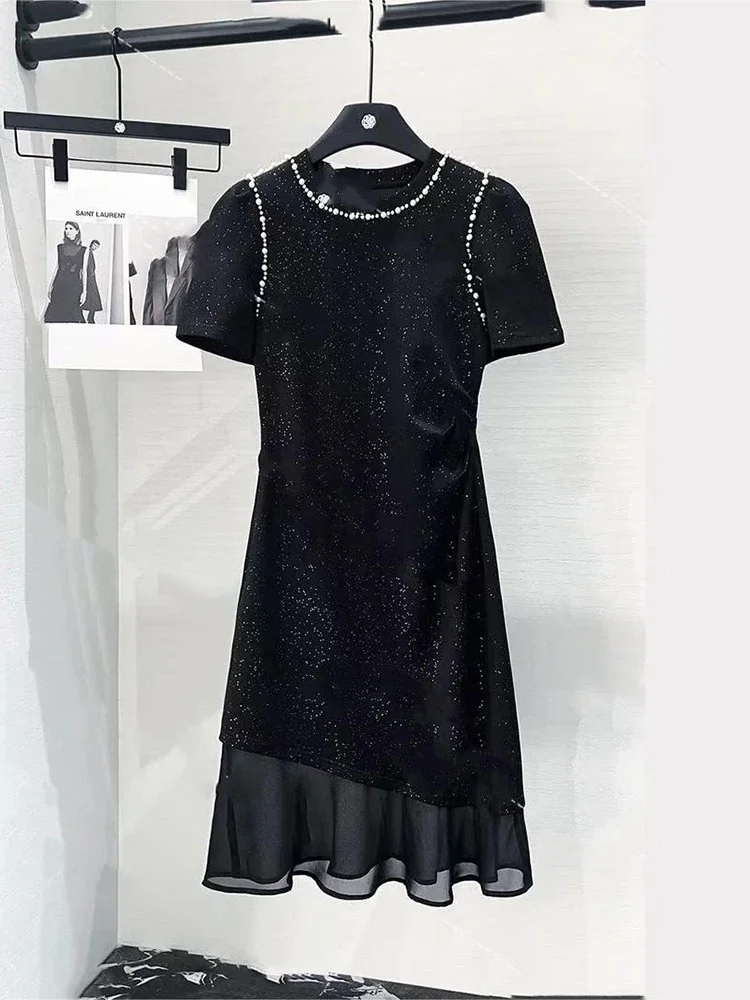 Summer new nail bead hot stamping black round neck short sleeved T-shirt long skirt for women  boho dress