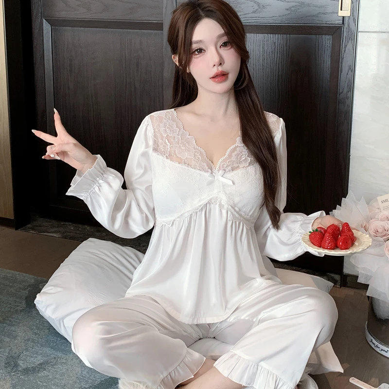 

Sweet Lace Pajamas Set 2Piece Set Women Rayon Homewear Long Sleeve Trousers Suit V Neck Loungewear Nightwear Casual Outfit