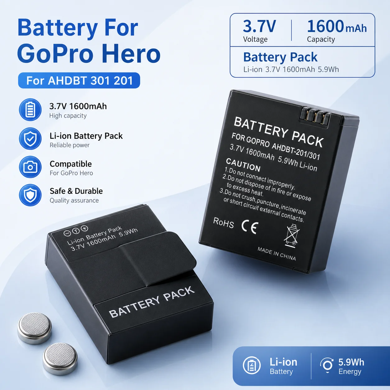Rechargeable Camera Battery AHDBT-301 AHDBT 301 1600mAh Replacement Battery Pack For GoPro Hero 3 3+ Action Camera