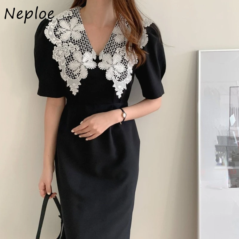 Neploe Vintage Embroidery Lapel Neck Dresses Slim Waist Mid-length Dress for Women Spring New Puff Sleeve Vestidos Mujer