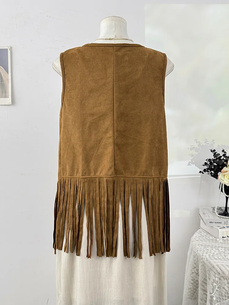 Ethnic Style Retro Suede Vest Personalized Flower Embroidery Tassel Top Women Sleeveless Camisole Cardigan Jacket for Travel