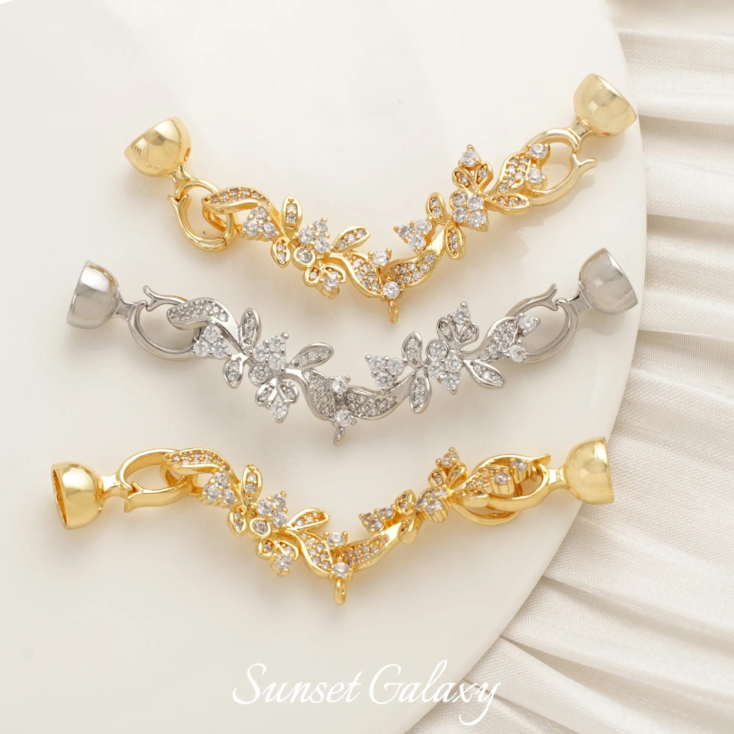 

18K Gold Plated Pave Zircon Pendant & Round Bead End Clasp Multi-purpose DIY Bracelet Necklace Jewelry Findings