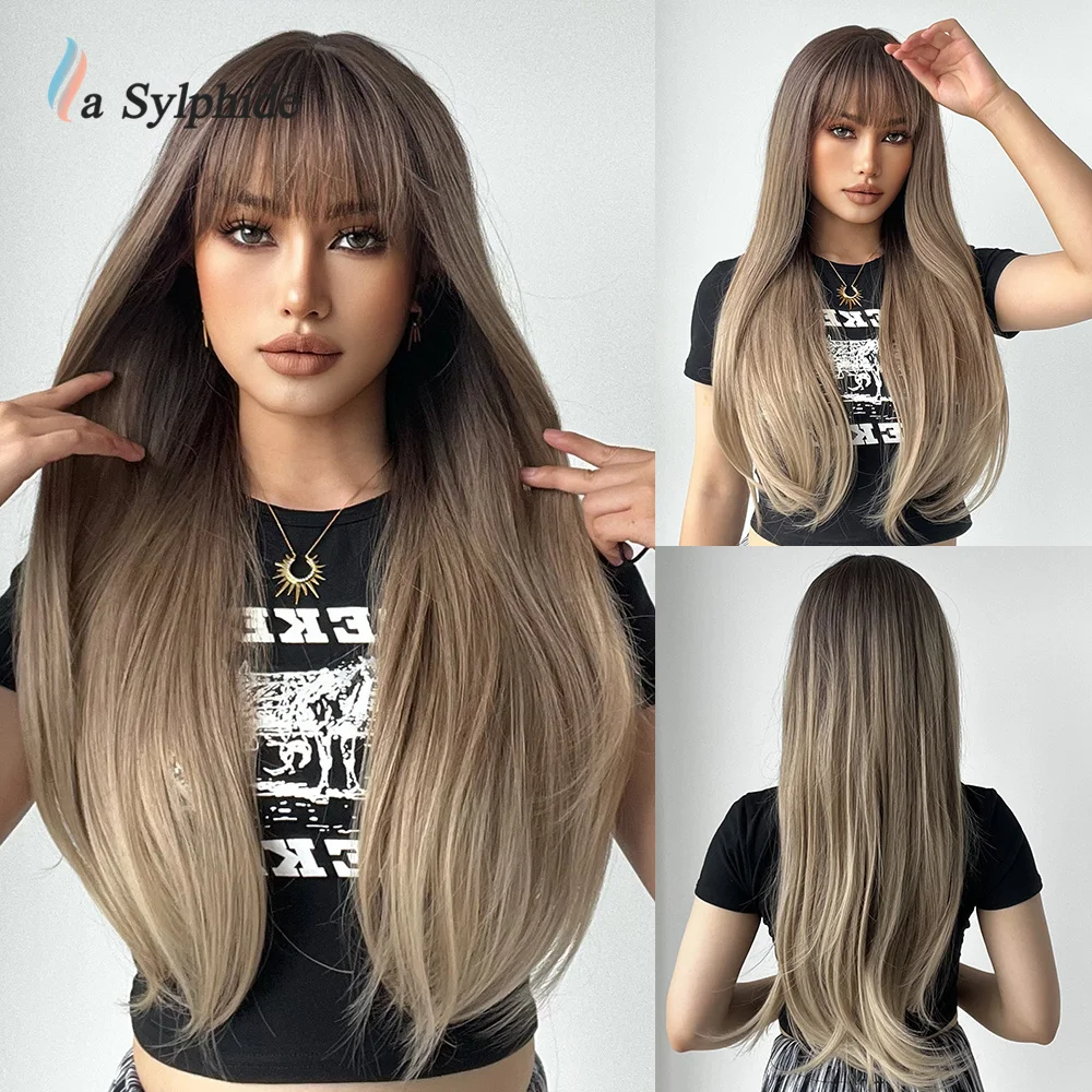 La Sylphide Ombre Brown Wig with Bangs Long Straight Good Quality Synthetic Wigs for Woman Daily Natural Hair Wig