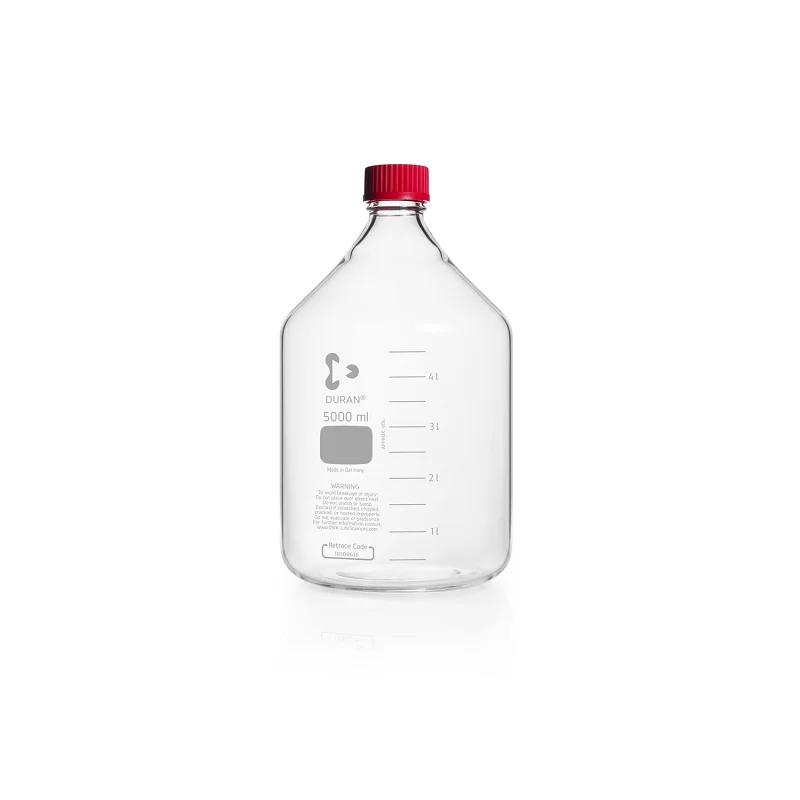 DURAN Original GL 45 Laboratory Bottle, clear, with high temperature resistant screw cap (PBT, red) and pouring ring (ETFE, red)