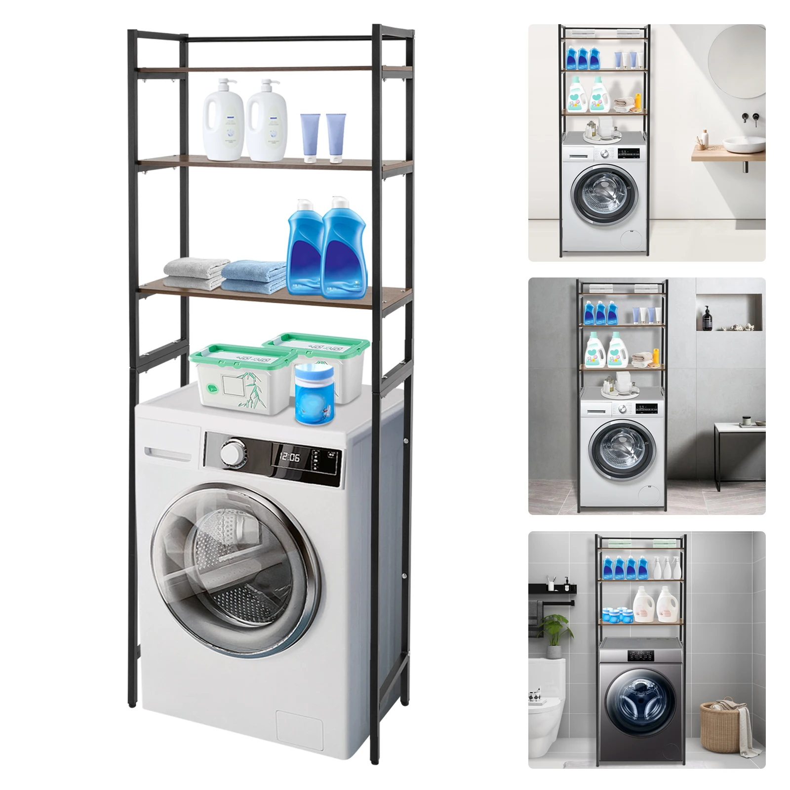 

Multi-Tier Bathroom Storage Shelf with Adjustable Feet, Freestanding Design, and Space-Saving Structure for Laundry and Washing