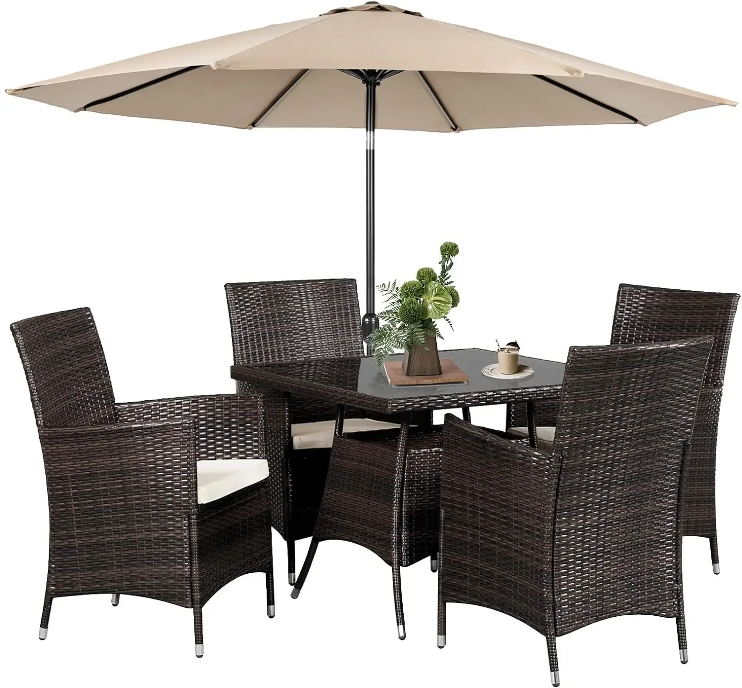 

Outdoor Dining Set All-Weather Wicker Patio Dining Table and Chairs ,Tempered Glass Tabletop with 9 FT Patio Umbrella